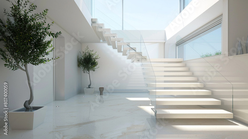 A bright and modern entrance hall featuring a floating staircase with a glass balustrade and a skylight overhead for natural light photo