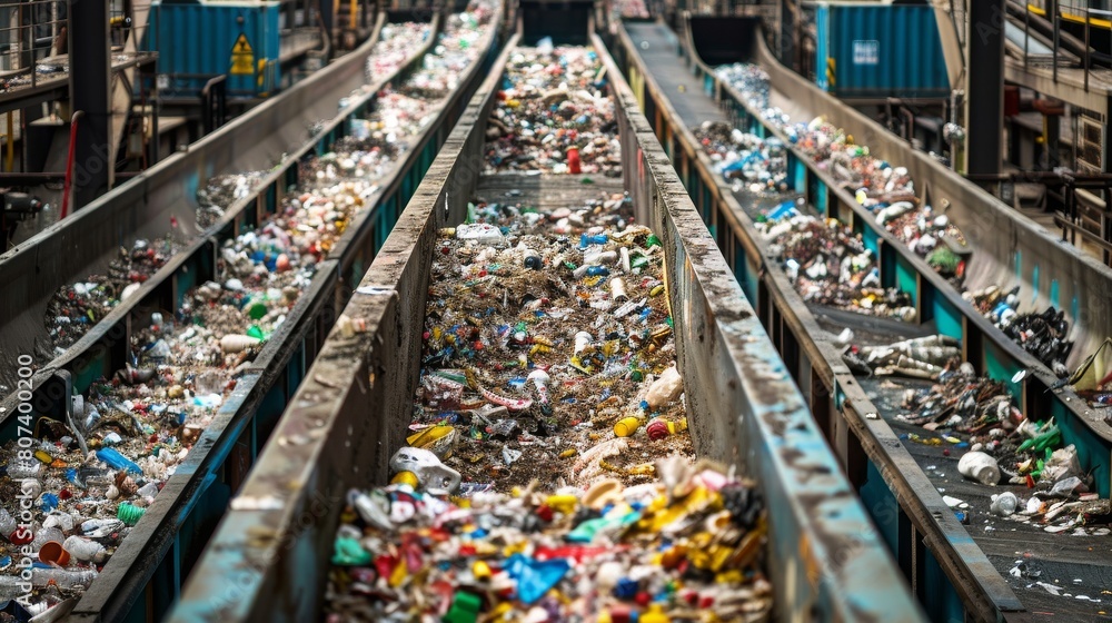 A large recycling facility with conveyor belts sorting mixed waste materials, including plastic, metal, and paper, showing an industrial approach to environmental sustainability. A large recycling facility with conveyor belts sorting mixed waste materials, including plastic, metal, and paper, showing an industrial approach to environmental sustainability.