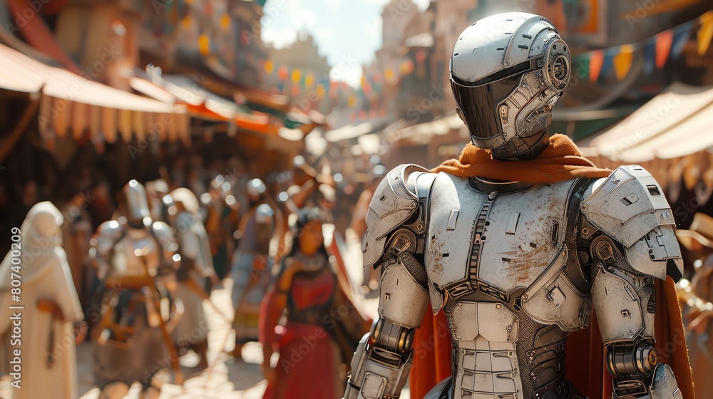 Capture a high-angle view of a futuristic robotic knight engaging in sword combat at a historical Renaissance fair, blending elements of advanced technology and medieval aesthetics in a digital photor Capture a high-angle view of a futuristic robotic knight engaging in sword combat at a historical Renaissance fair, blending elements of advanced technology and medieval aesthetics in a digital photor