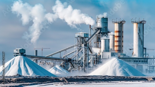 Industrial factory emitting steam with large salt piles in the foreground, illustrating the scale and impact of industrial processes. Concept of industry, production, and environment.