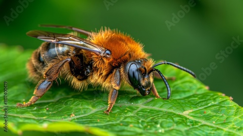 Close-up of a honeybee on a green leaf, displaying detailed textures of the insect and foliage, emphasizing biodiversity. Concept of nature, insects, and ecology. © Anastasija
