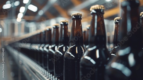 Assembly line of dark glass beer bottles in a brewery, illustrating mass production and industrial efficiency. Concept of manufacturing, beverage production, and industrial automation. photo