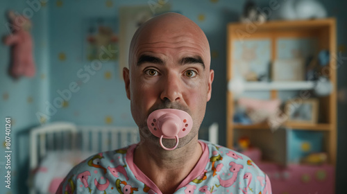 Adult man in pyjamas with a binkie or pacifier in his mouth, suggesting he is immature and lives with his parents