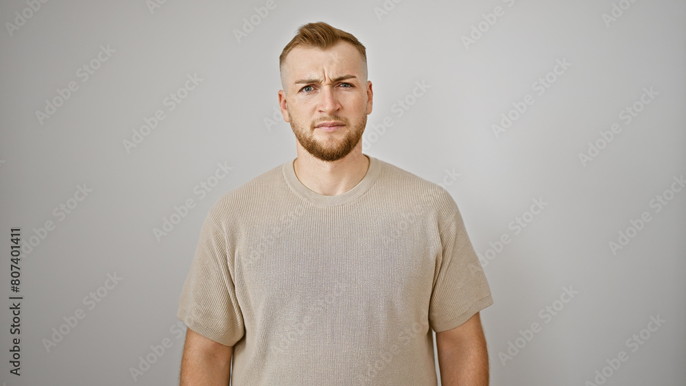 Fototapeta premium Angry young caucasian man with beard in casual shirt on white background looking displeased.