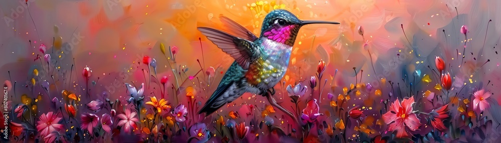 Fototapeta premium Capture the intricate details of a hummingbirds iridescent feathers against a backdrop of nanotech-inspired flora in vivid watercolors