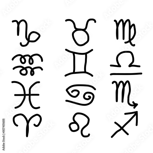 Zodiac signs set. Hand drawn vector illustration in doodle style. Isolated on white background.