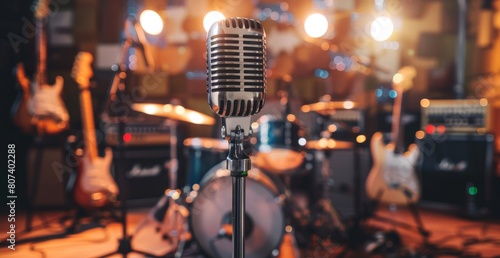 Stylish Music Recording Studio Setup Featuring Electric Guitars, Drum Kit, and Retro Microphone under Bright Spotlights