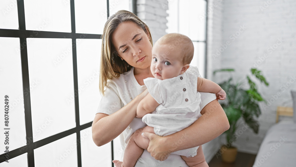 Mother standing with daughter on arms at home Mother standing with daughter on arms at home