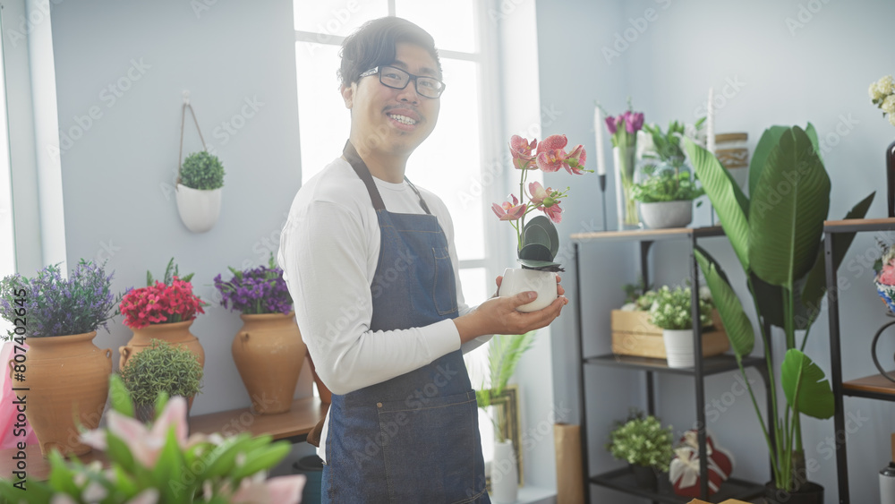A smiling asian man in an apron presenting a potted plant inside a bright flower shop with various plants in the background. A smiling asian man in an apron presenting a potted plant inside a bright flower shop with various plants in the background.