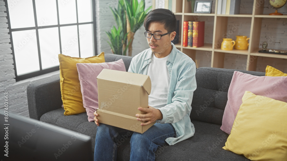 A perplexed asian man holding a cardboard box sits on a gray couch amidst colorful cushions in a cozy living room. A perplexed asian man holding a cardboard box sits on a gray couch amidst colorful cushions in a cozy living room.