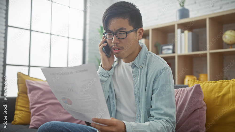 A young asian man analyzing a document while talking on the phone in a modern living room. A young asian man analyzing a document while talking on the phone in a modern living room.