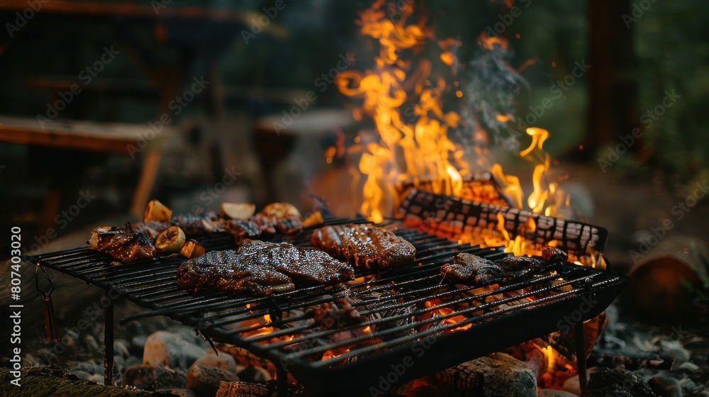 BBQ grilling meat with a bonfire outdoors