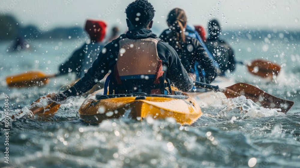Naklejka premium Several individuals having fun while riding together on a bright yellow raft in the water.