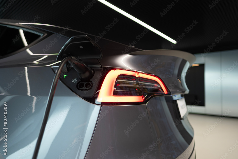 close-up detail quicksilver TESLA Model Y car performance in ...