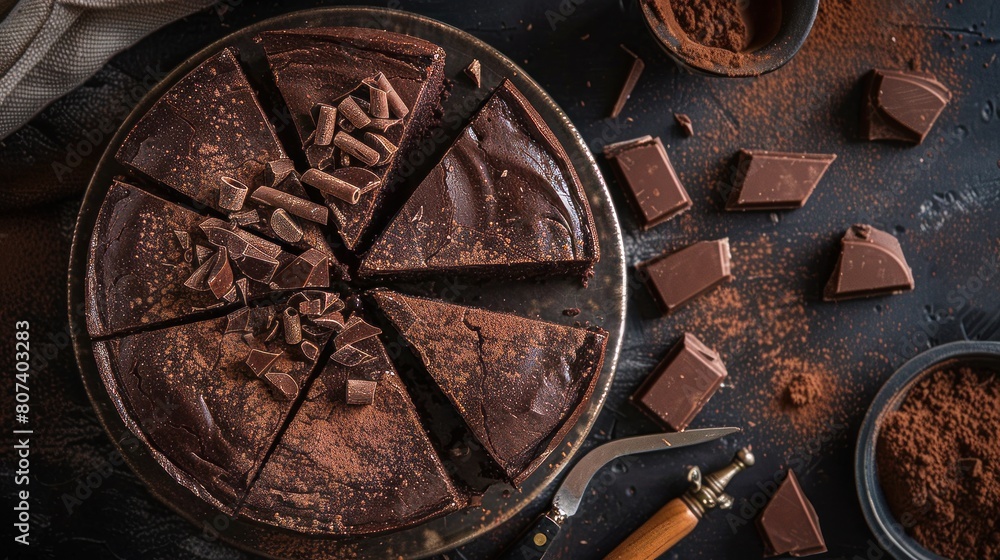 Chocolate cake sliced from above with fresh cocoa Chocolate cake sliced from above with fresh cocoa