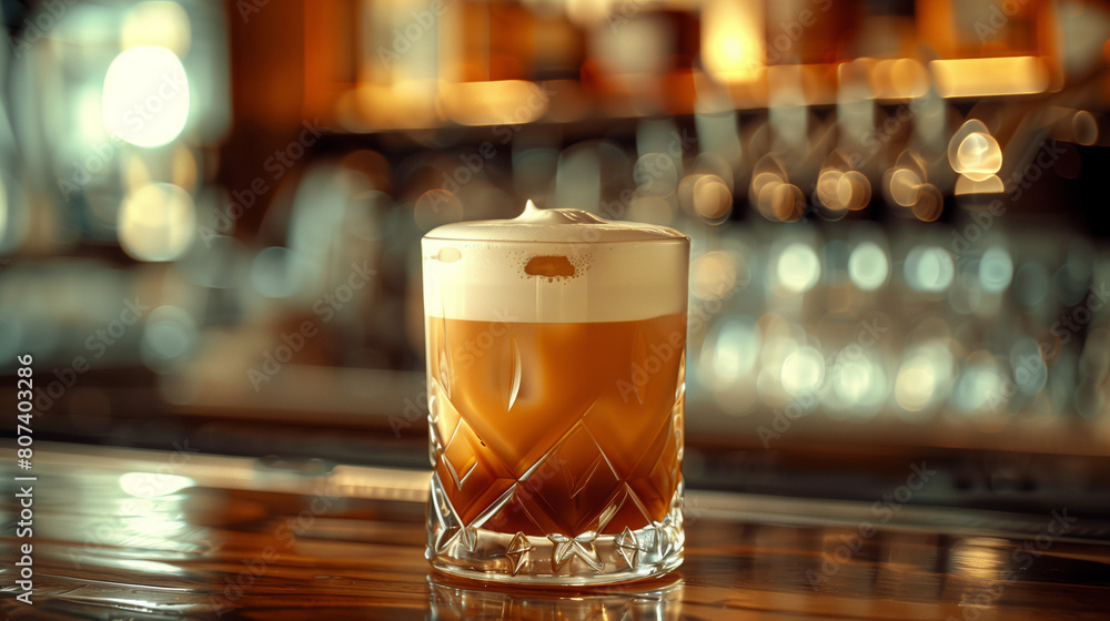 Verre rempli d'irish coffee (café avec du whisky irlandais et de la crème fouettée), boisson chaude alcoolisée ou cocktail de type white russian (russe blanc) au bar d'un hôtel chic