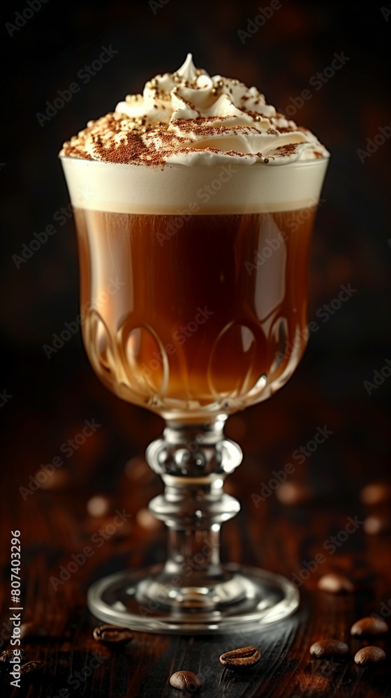 Verre rempli d'irish coffee (café avec du whisky irlandais et de la crème fouettée), boisson chaude alcoolisée ou cocktail de type white russian (russe blanc) sur fond noir Verre rempli d'irish coffee (café avec du whisky irlandais et de la crème fouettée), boisson chaude alcoolisée ou cocktail de type white russian (russe blanc) sur fond noir