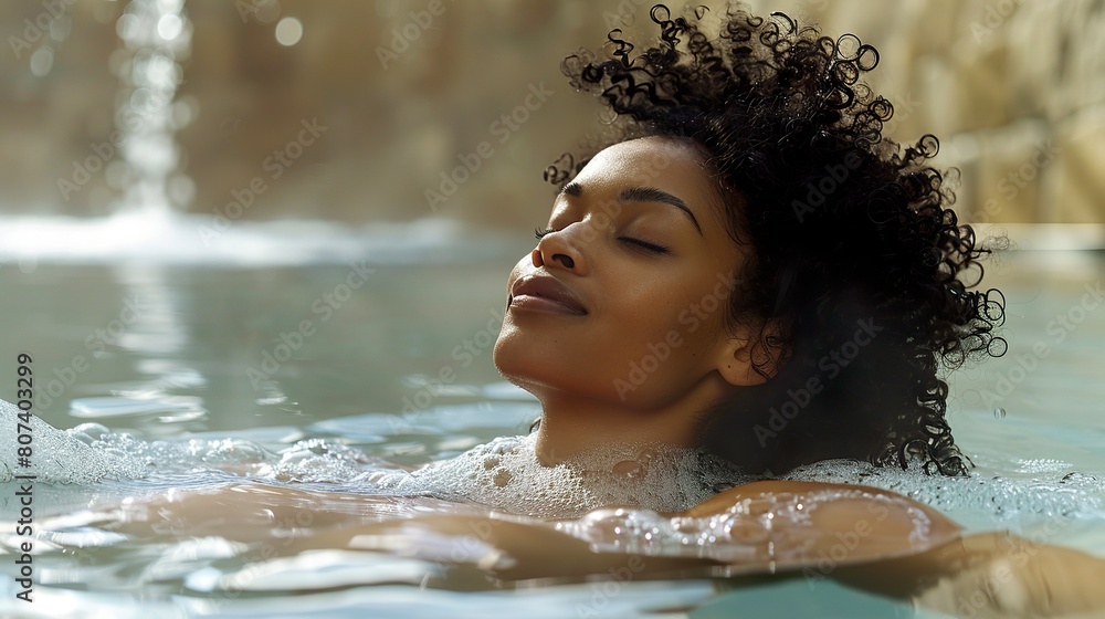 Obraz premium A beautiful woman enjoying a moment of relaxation in a spa. Black woman in skin and body care in peaceful and serene environment.