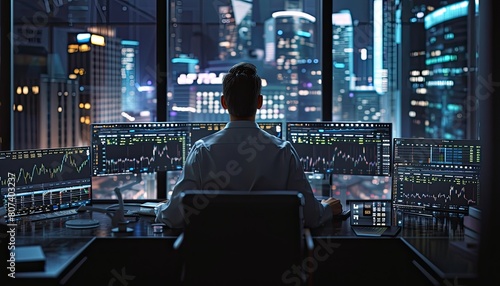 Intense trader concentrating on screens, immersed in a glow from multiple monitors, reflecting deep focus in a detailed trading setup with strategic lighting. photo