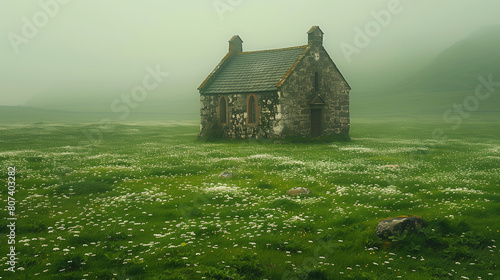 Chapelle médiévale en pierre perdue dans la brume dans un champs de trèfles, paysage d'Irlande ou d'Ecosse photo