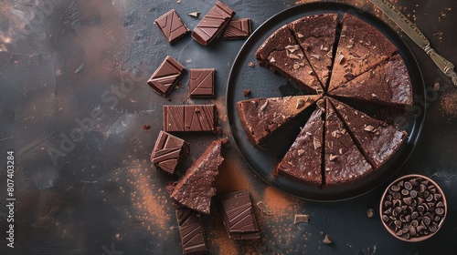 Chocolate cake sliced from above with fresh cocoa