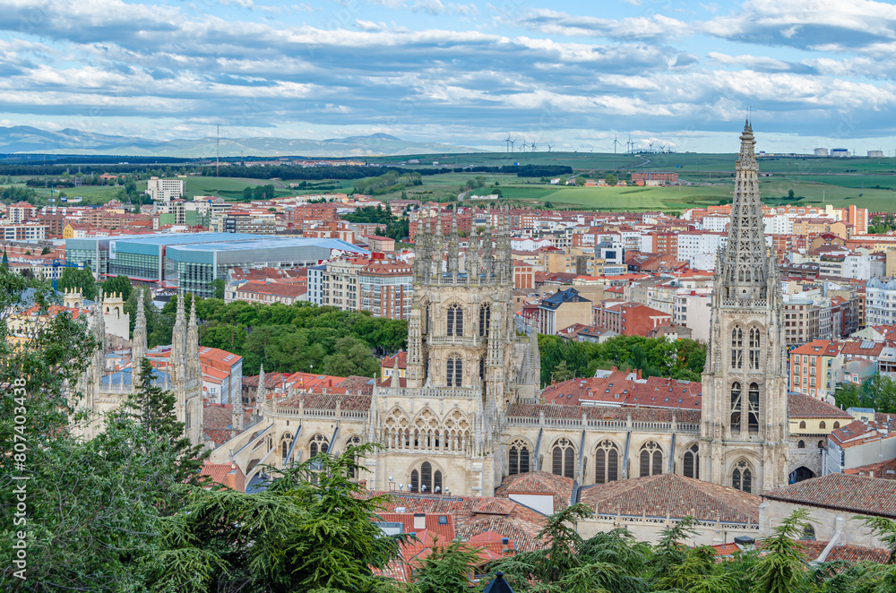 Aerial view of the city of Burgos, Spain, with the Gothic cathedral in the foreground
