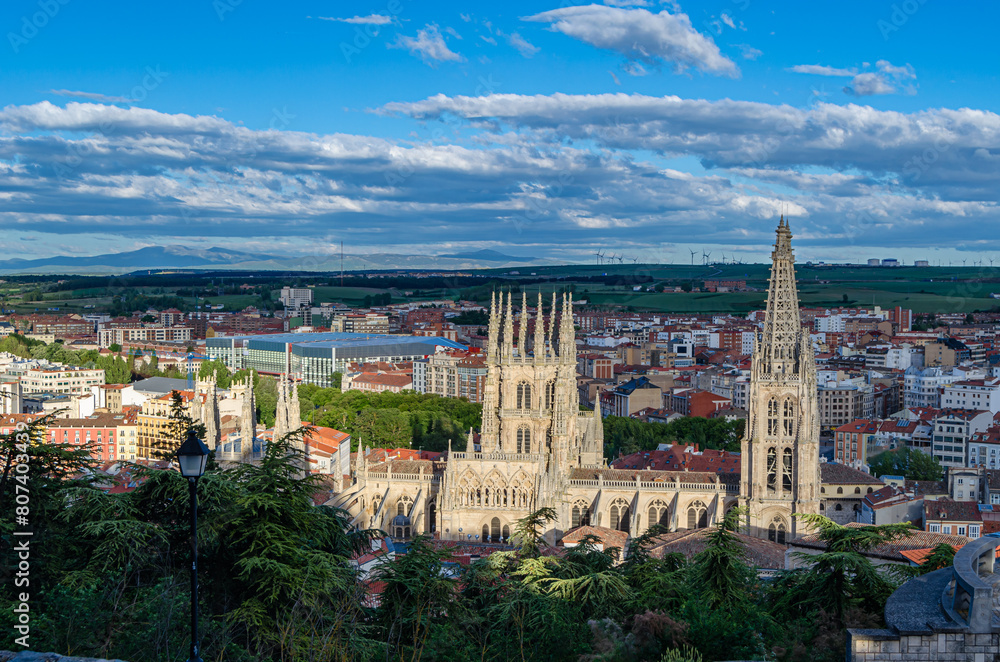 Aerial view of the city of Burgos, Spain, with the Gothic cathedral in the foreground