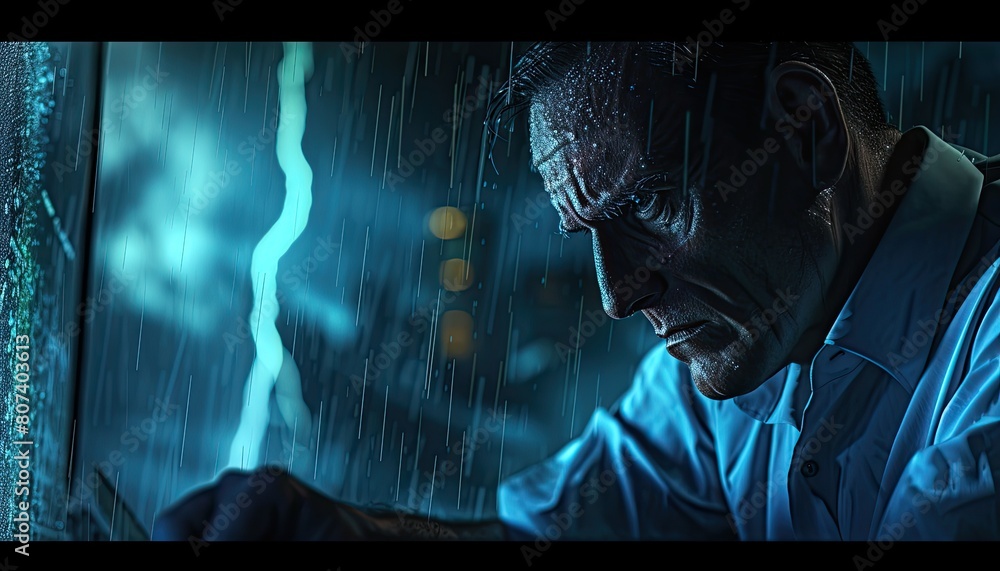 Fototapeta premium Trader watches screen intently on a stormy night, with occasional lightning illuminating a determined figure. Scene offers dramatic lighting effects.
