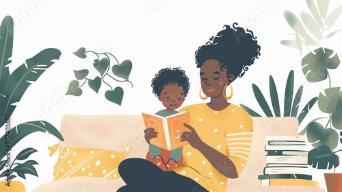 African American Woman Reading a Storybook with Her Son Sharing Motherhood and Childhood Companionship