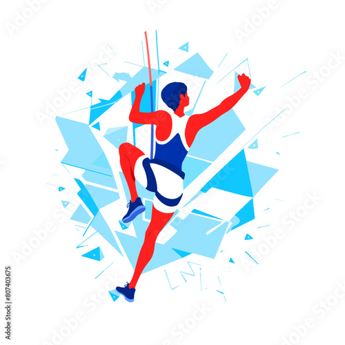 Sport climbing. A woman crawling up the climbing wall. Sportswoman grips the hooks with her hands. An abstract geometric design on the white background. Vector cartoon illustration.