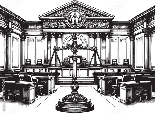 Symbol of Justice An Illustrated Courtroom with the Scales of Law