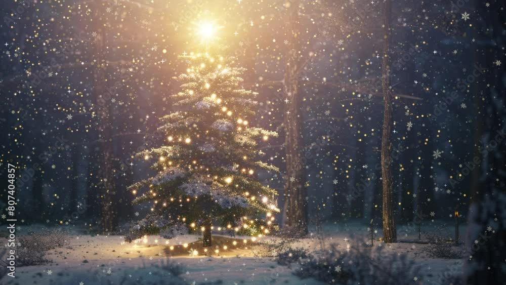 Decorated Christmas Tree in snowy winter landscape in glittering light - xmas eve in the nature Decorated Christmas Tree in snowy winter landscape in glittering light - xmas eve in the nature