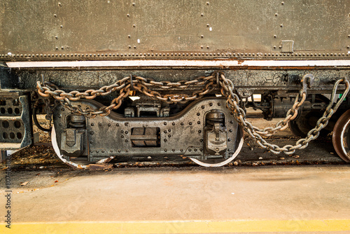 Steam train wheels on railroad track