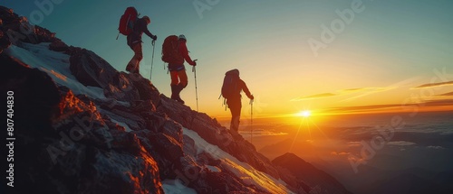 Mountaineers Ascending a Snow-Covered Peak at Sunrise, a Dramatic and Inspiring Expedition"