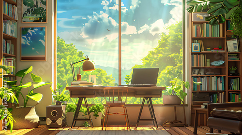 Lofi living room with laptop and study table 