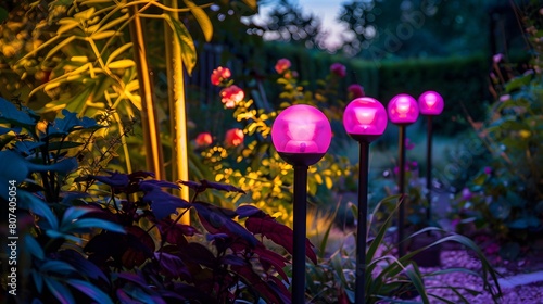 A group of four pink lights are lit up in a garden setting