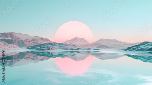 A tranquil teal lake nestled amidst rolling hills within the light pink circle, its glassy surface reflecting the clear blue sky above. 