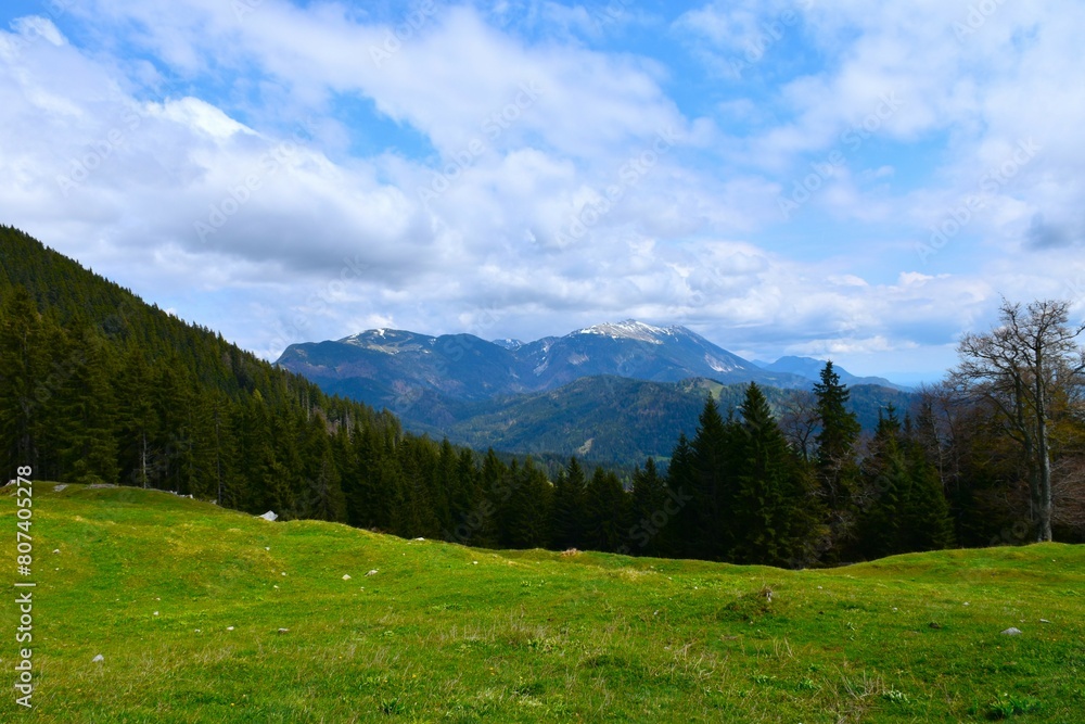 View of Golica in Karavanke mountains in Gorenjska, Slovenia View of Golica in Karavanke mountains in Gorenjska, Slovenia
