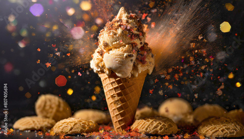 Illustration of delicious homemade vanilla ice cream topped with sprinkles and biscuits on a waffle cone. Generative ai. photo