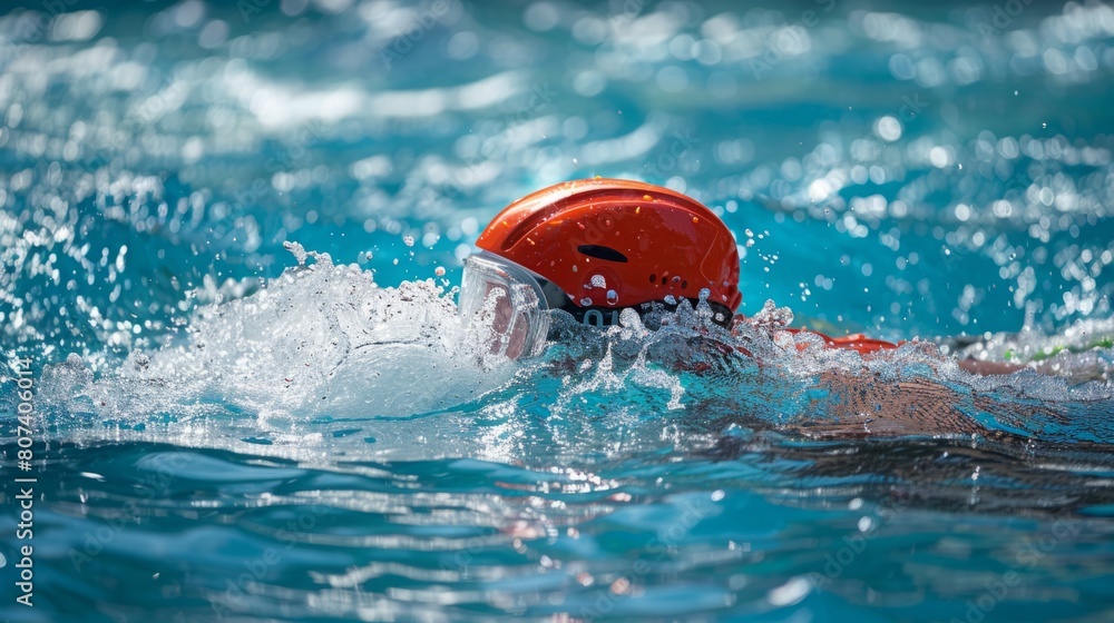A person swimming in a pool while holding a frisbee in their hand, enjoying a fun and leisurely activity.