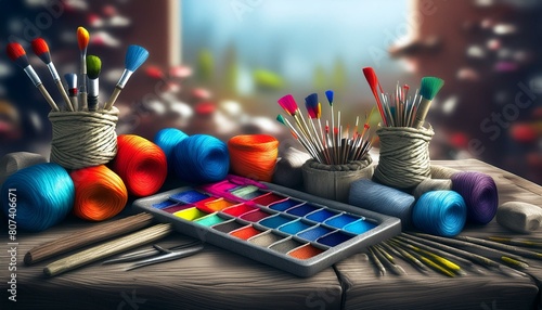Imagine a wooden craft table covered with an array of colorful art supplies- watercolor