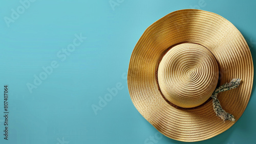 Summer and vacation flat lay with woman straw hat on blue background. photo