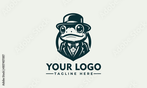 frog character vector logo featuring a charming frog character dressed in a dapper suit and top hat photo