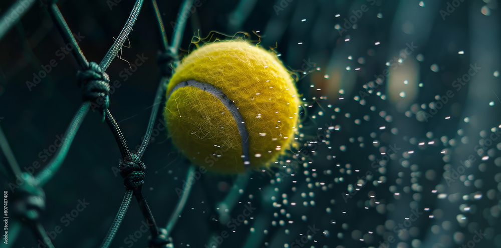 Tennis ball hitting net on black background. Close up of tennis sport concept in the style of yellow color, focus and bokeh effect.