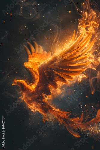 Fire bird phoenix emerging from ashes on a dark background © Ziyan