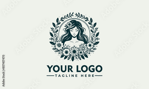 Vector pretty girl and flowers logo feminine and floral design, depicting a beautiful girl surrounded by various flowers