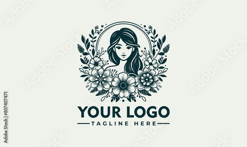 Vector pretty girl and flowers logo feminine and floral design, depicting a beautiful girl surrounded by various flowers