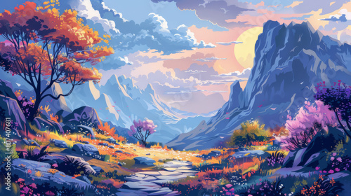 Illustration of a fantasy landscape during sunset  featuring colorful trees and a stone pathway leading to mountains.