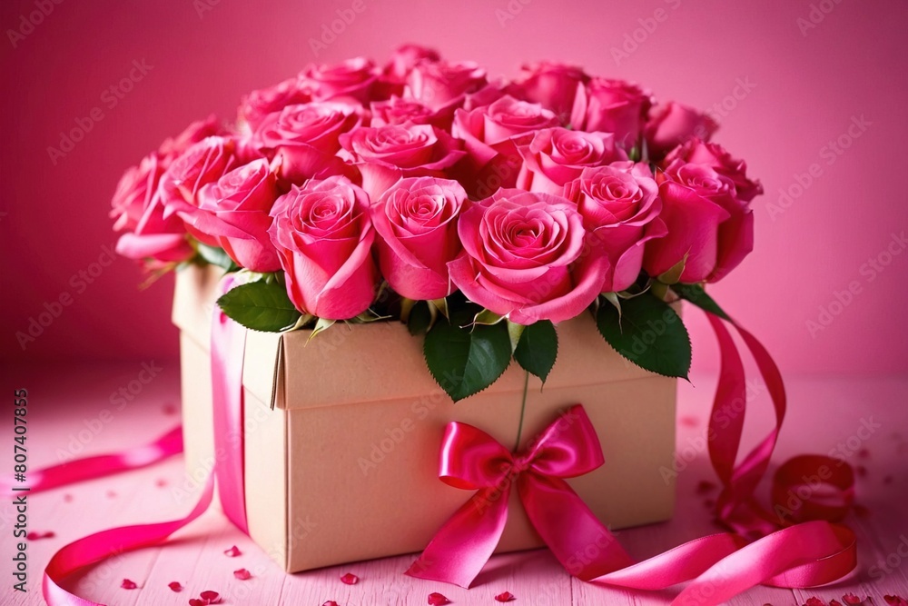 Romantic Pink bunch bouquet of roses flowers and gift box with ribbon wrapped gift