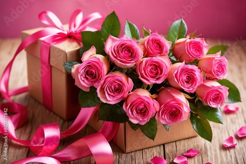 Romantic Pink bunch bouquet of roses flowers and gift box with ribbon wrapped gift